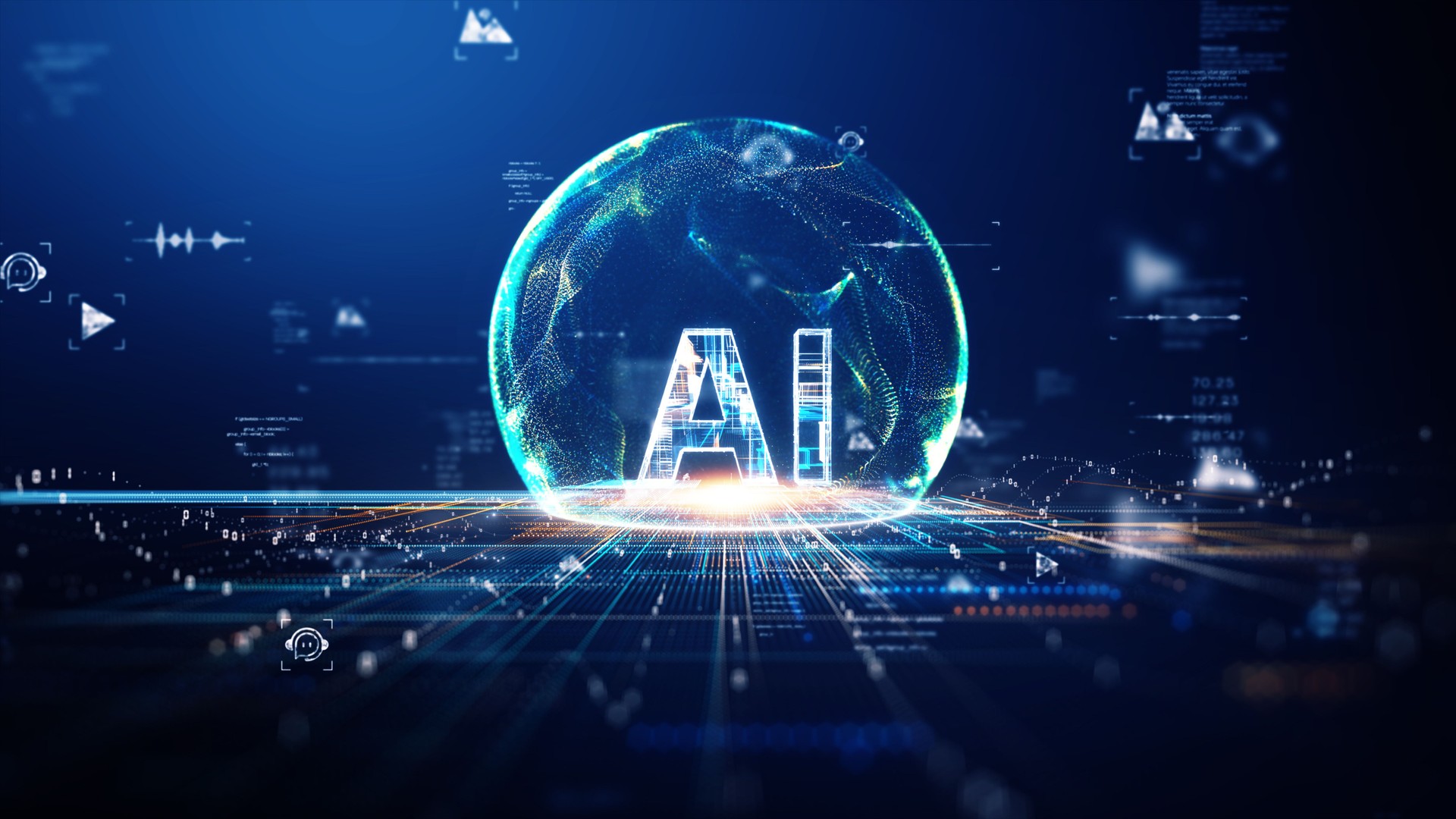 Futuristic Artificial Intelligence Concept with Glowing Digital Sphere and Data Flow in Cyber Technology Background