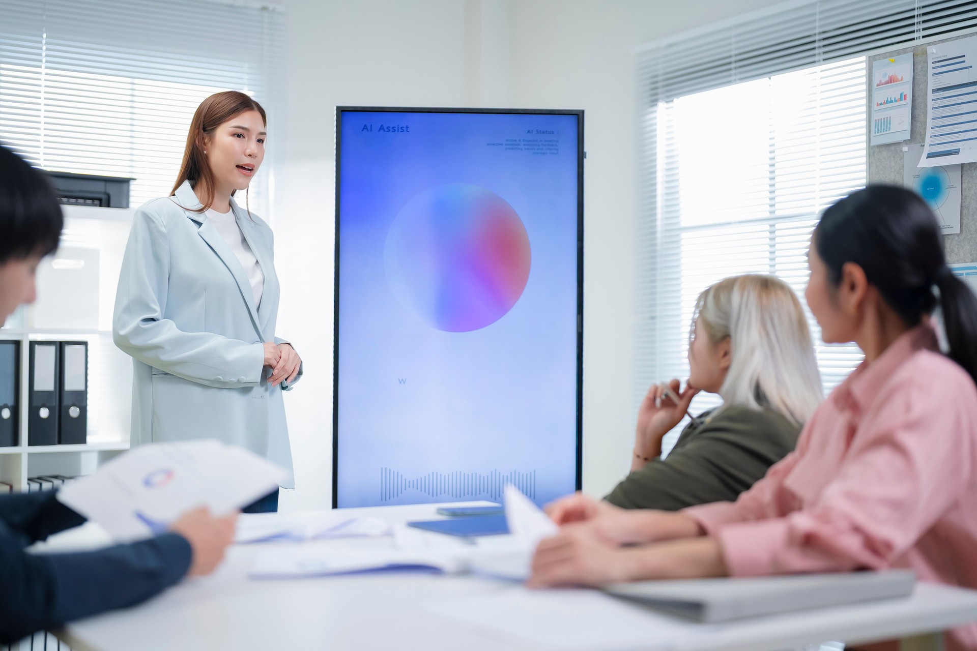 Business team brainstorming session on innovation and strategy, powered by AI meeting assistants that streamline collaboration, automate action item creation, and deliver real-time meeting insights
