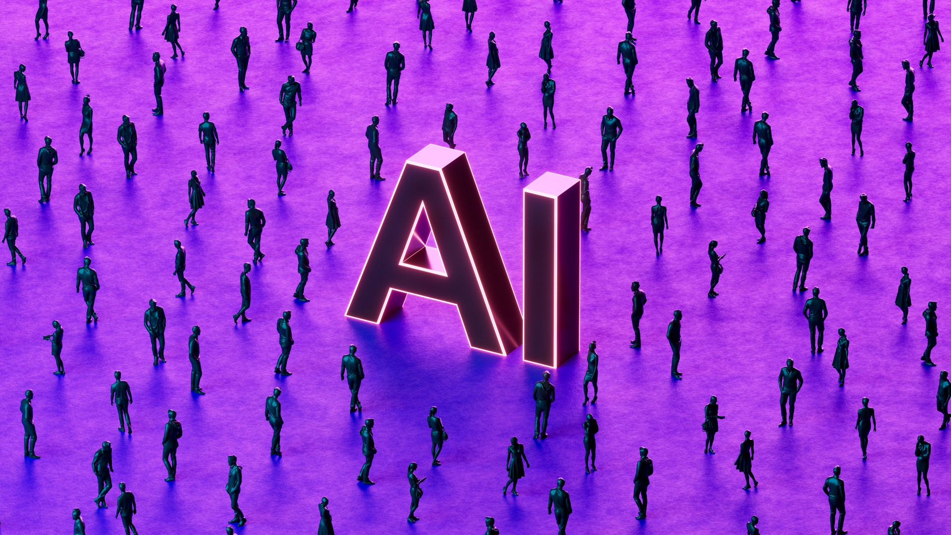 AI Text with Business Crowd on Futuristic Neon Background